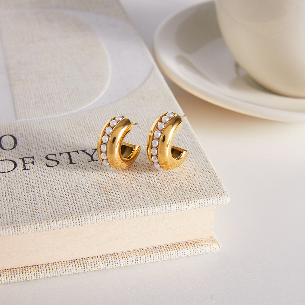 Wholesale Gold-Tone Stainless Steel Pearl Huggie Hoop Earrings - side profile