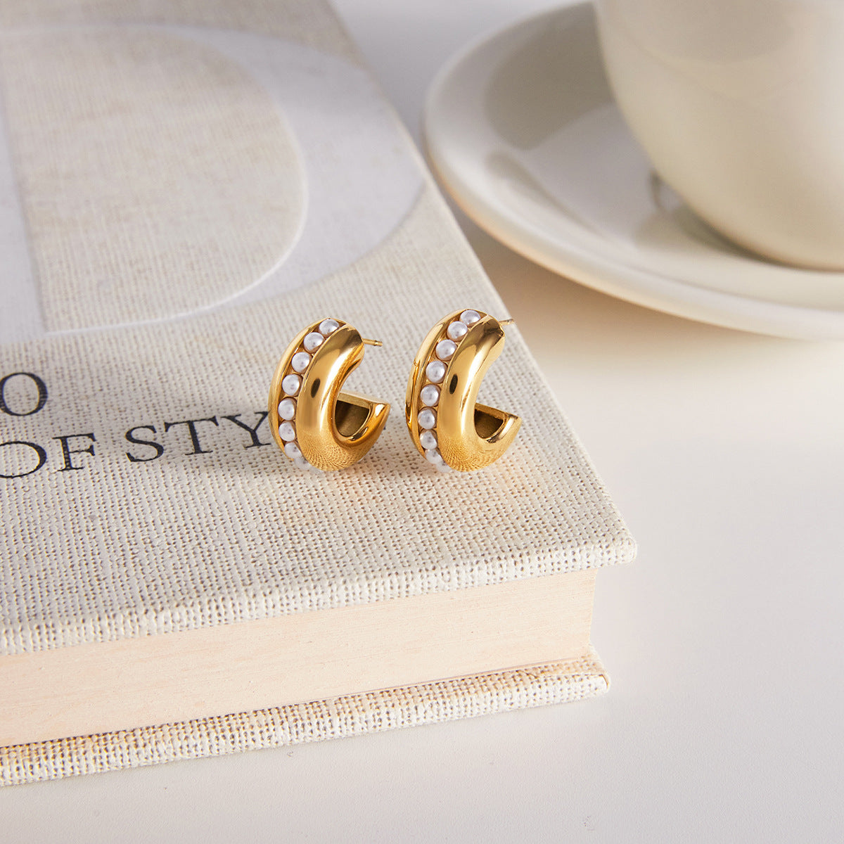 Wholesale Gold-Tone Stainless Steel Pearl Huggie Hoop Earrings - side profile