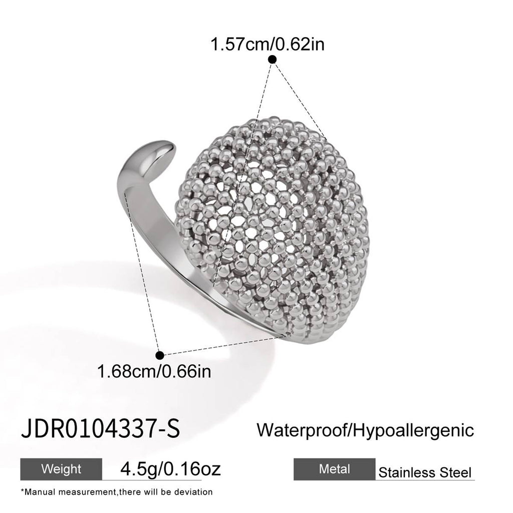 Silver tone mesh dome ring with dimensions