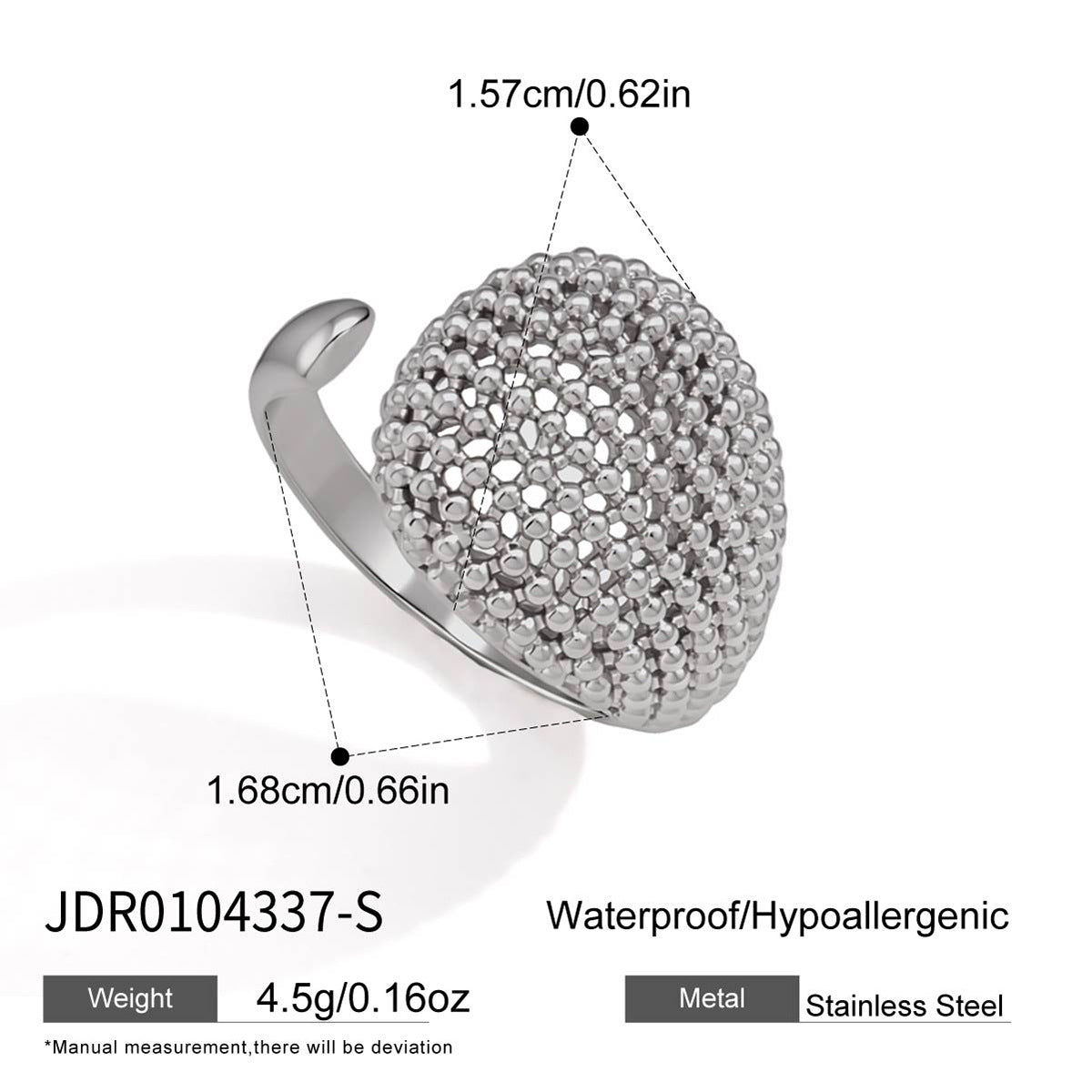 Silver tone mesh dome ring with dimensions