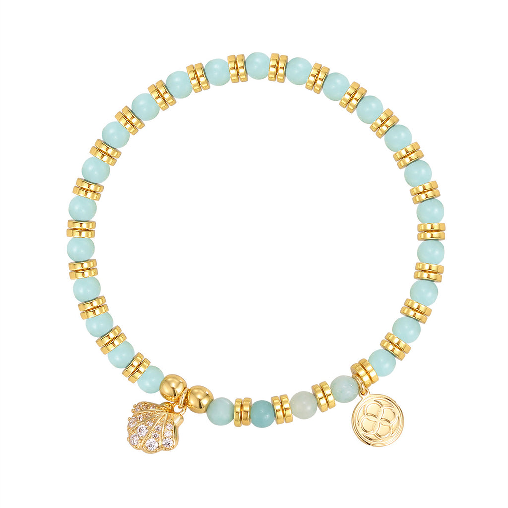 isolated full view of the aqua white and gold plated beaded bracelet