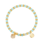 isolated full view of the aqua white and gold plated beaded bracelet