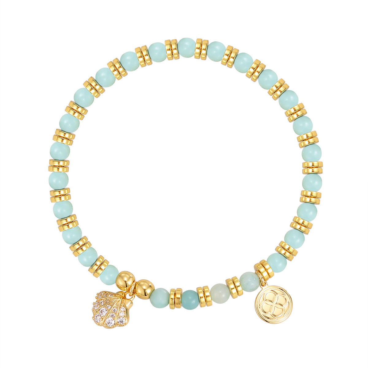 isolated full view of the aqua white and gold plated beaded bracelet