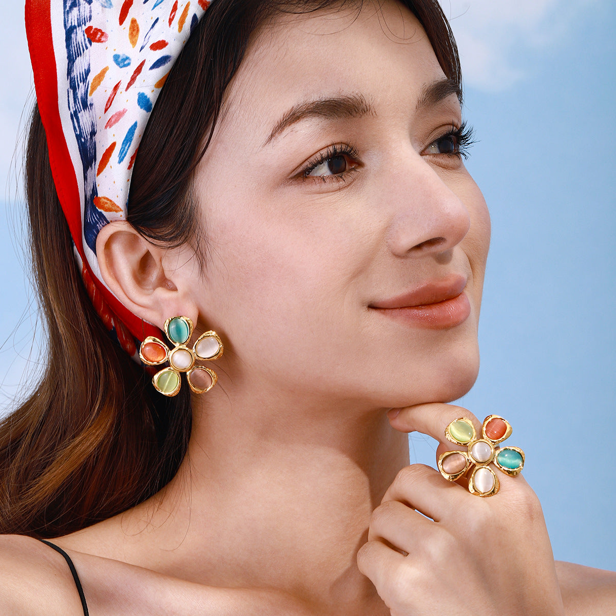 Multicolor Petal Stainless Steel Cocktail Ring — styled view