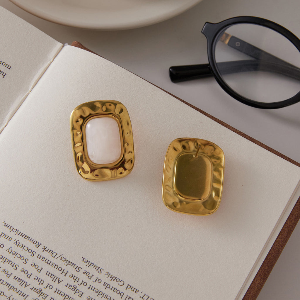 Rectangular earrings showing front and reverse