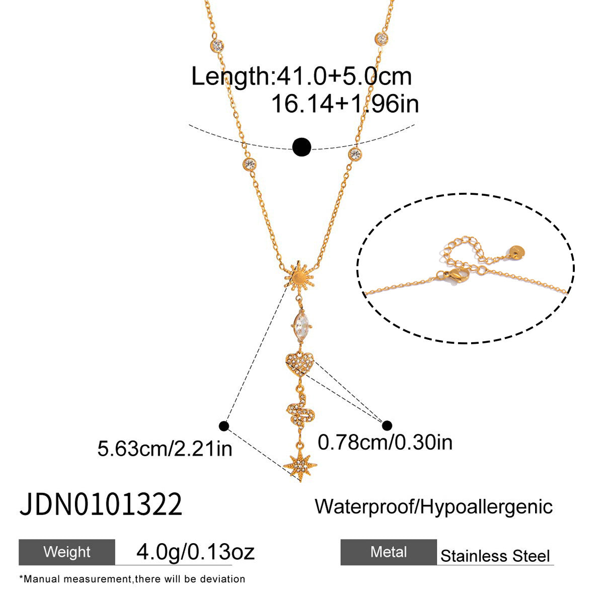 Y necklace length and charm drop diagram