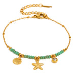 Gold Plated Stainless Steel Green Bead Starfish and Shell Bracelet — clasp view