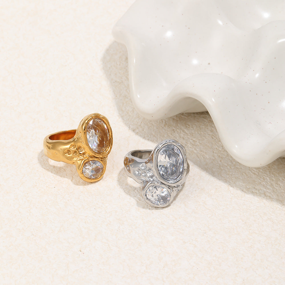 gold plated and silver-finish stainless steel double stone rings