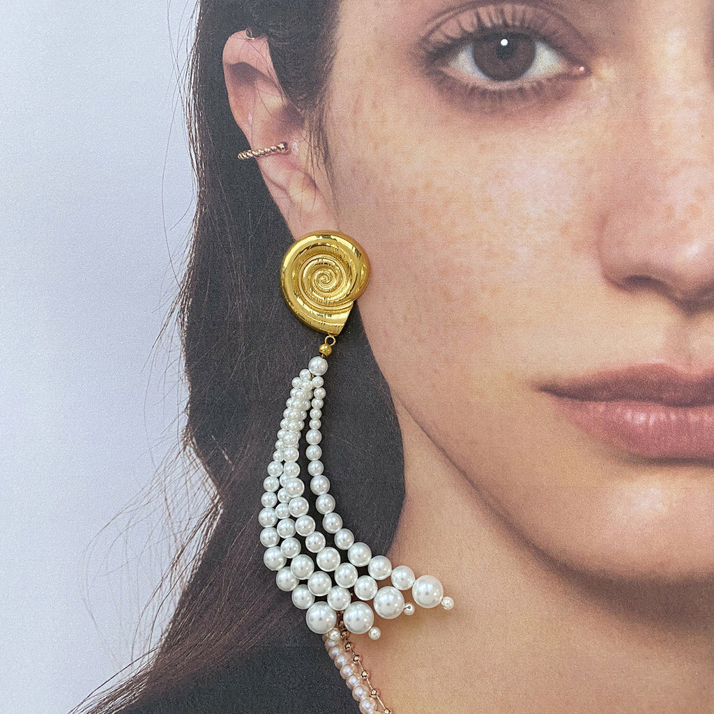 Gold Plated Pearl-Look Tassel Stainless Steel Earrings — wholesale view 1