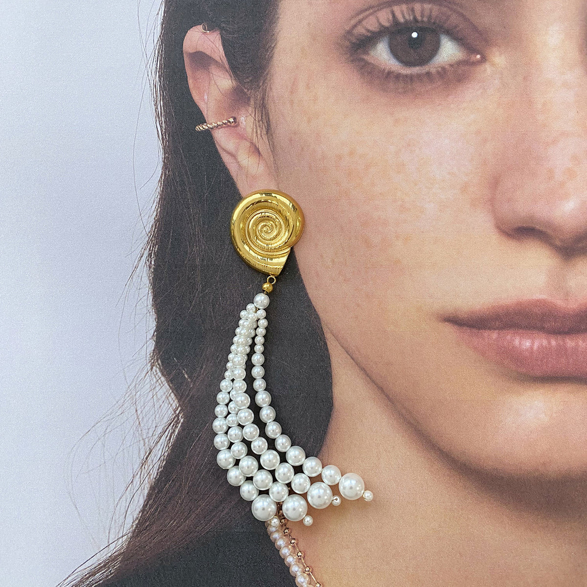 Gold Plated Pearl-Look Tassel Stainless Steel Earrings — wholesale view 1
