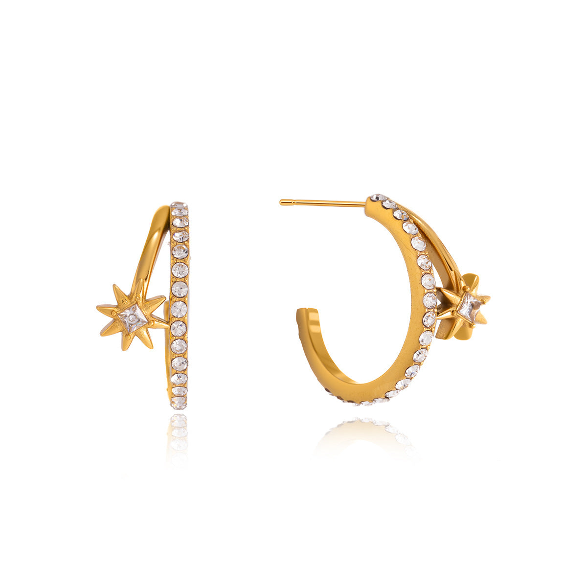 Open hoop earrings with star accents front and post view
