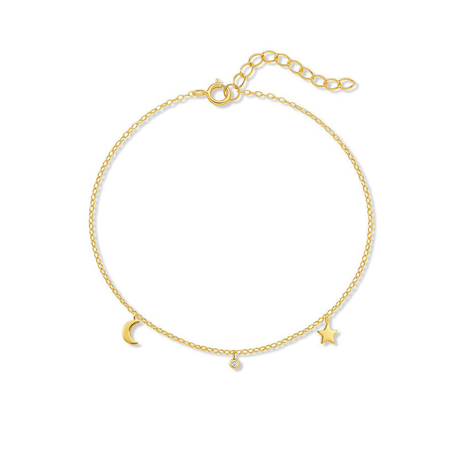 gold plated 925 sterling silver anklet with moon zirconia and star charms