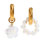 front view of gold plated pearl-loop and shell-flower hoop earrings
