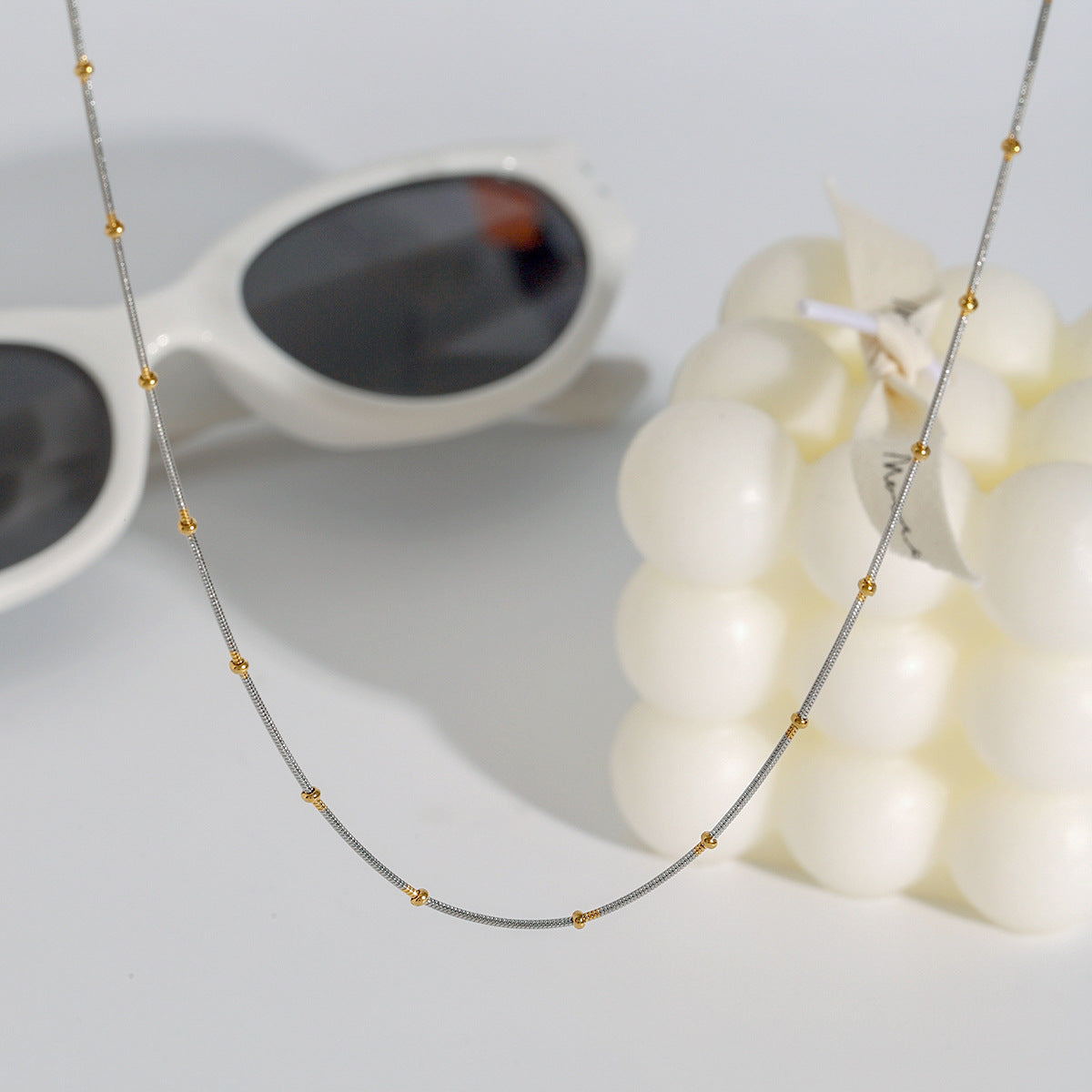 Gold Plated Two-Tone Beaded Stainless Steel Chain Necklace – flat-lay view