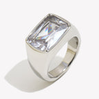 isolated silver-finish rectangular clear stone cocktail ring