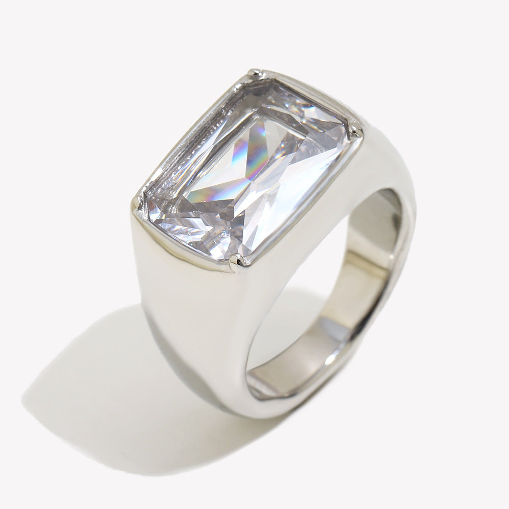 isolated silver-finish rectangular clear stone cocktail ring