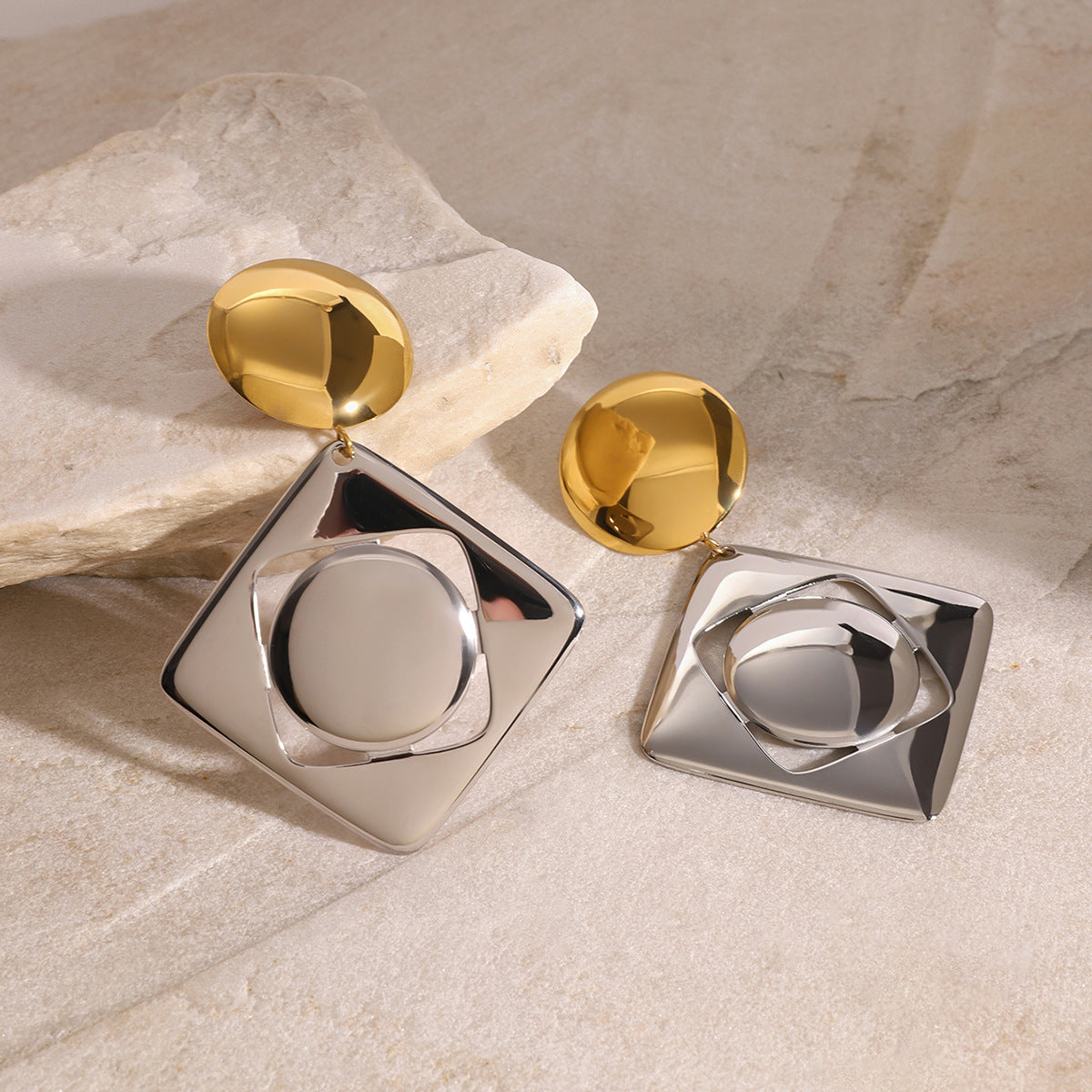 Two-Tone Geometric Stainless Steel Drop Earrings — wholesale view 1