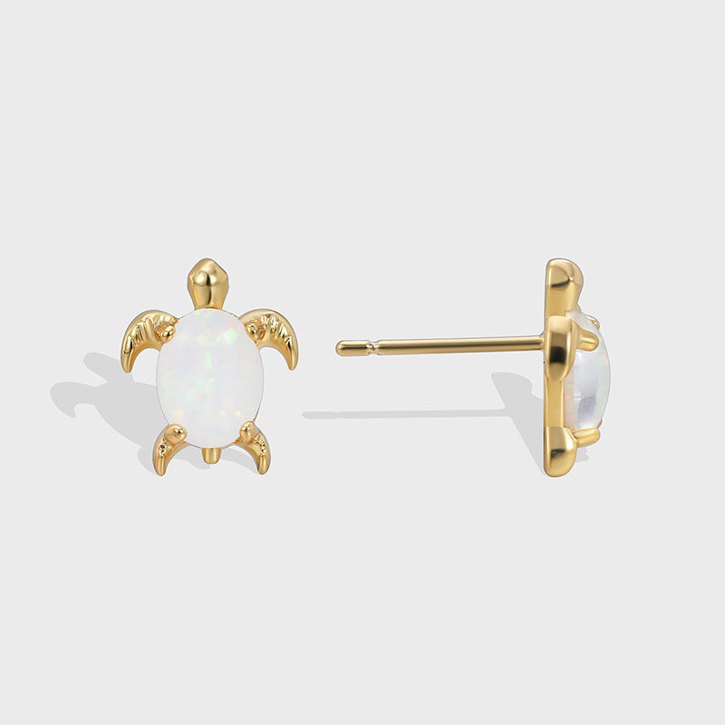 Gold plated opal sea turtle stud earrings, front and side product views