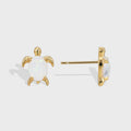 Gold plated opal sea turtle stud earrings, front and side product views