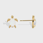 Gold plated opal sea turtle stud earrings, front and side product views