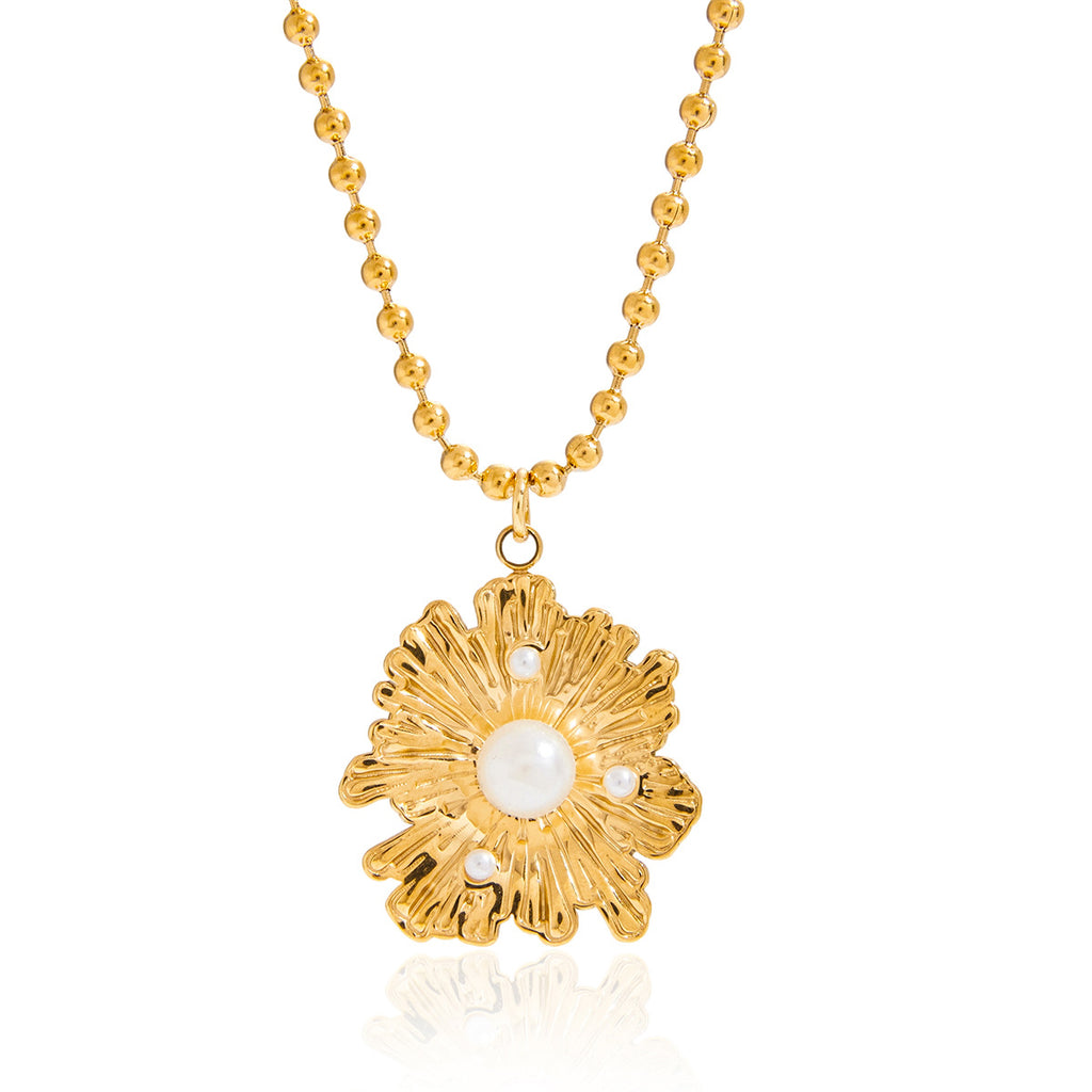 Gold-Tone Floral Stainless Steel Pendant Necklace Collection finish and shape detail