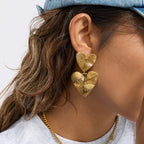 Wholesale Gold-Tone Stainless Steel Double Heart Drop Earrings - front view