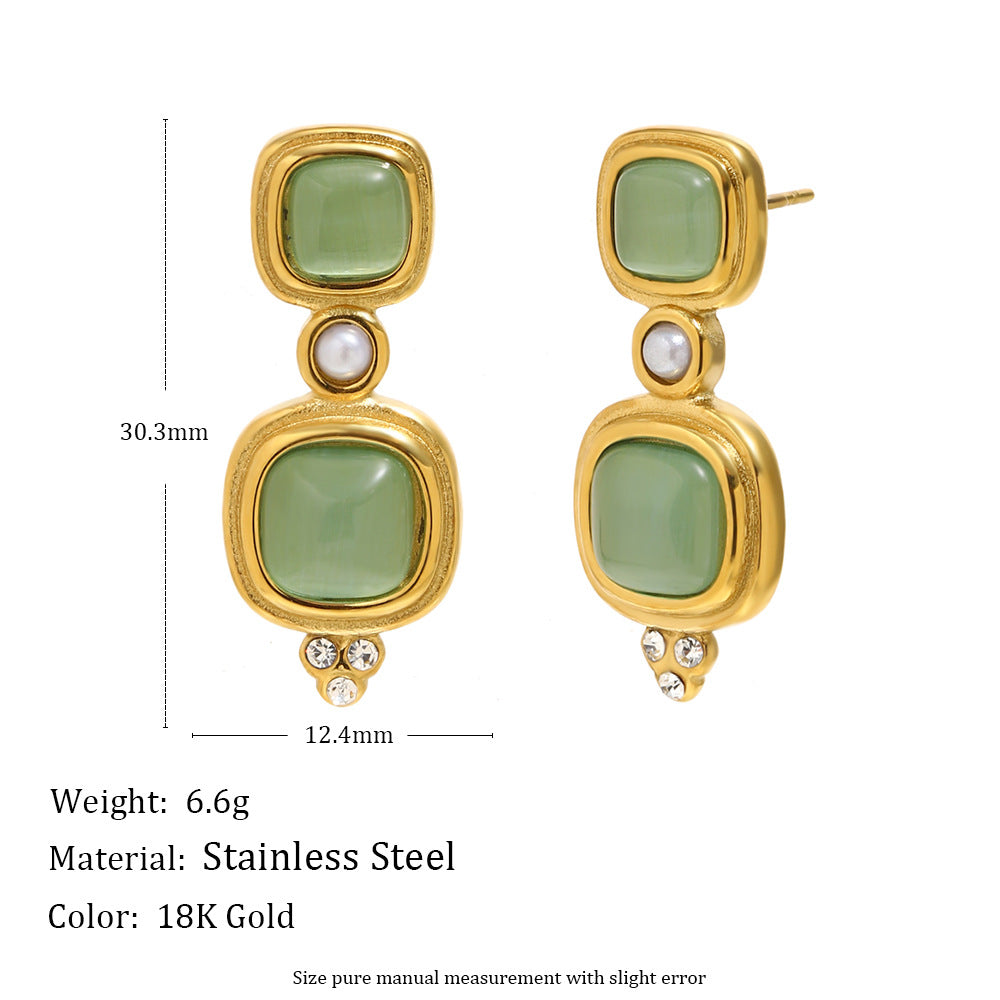 green cabochon drop earrings with 30.3 by 12.4 mm measurements