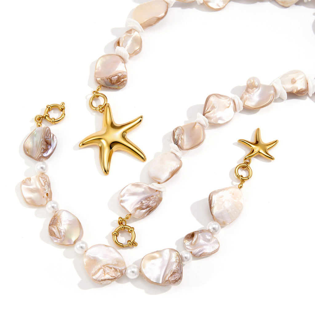 Coordinating shell bead jewelry on white background
