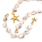 Coordinating shell bead jewelry on white background