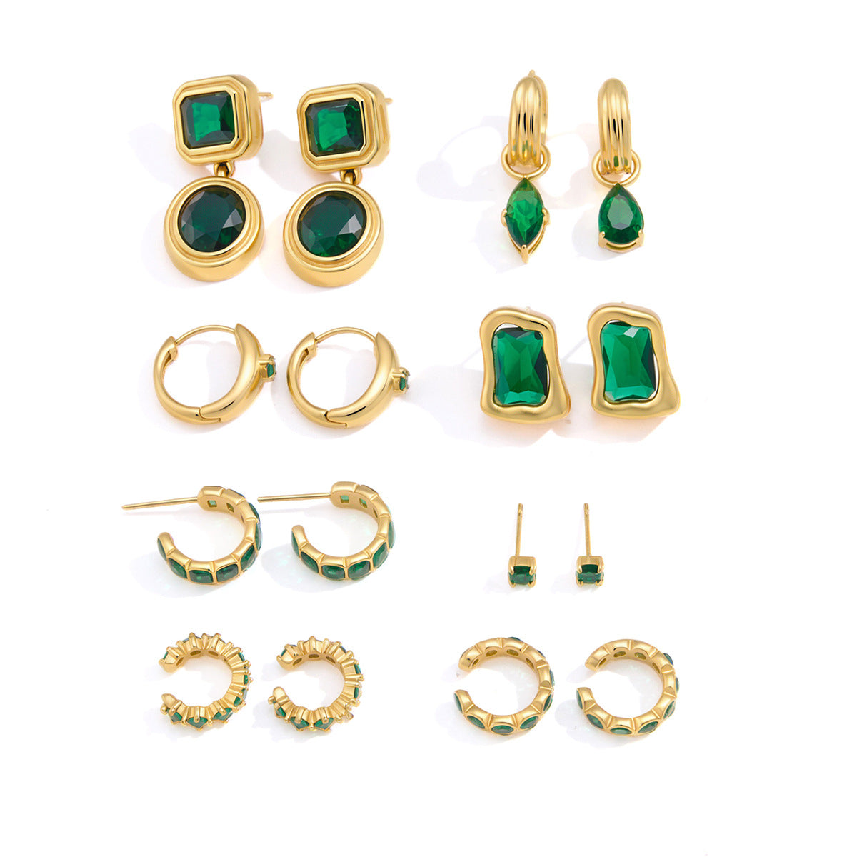 Nine gold-tone stainless steel earring options with green and clear accents