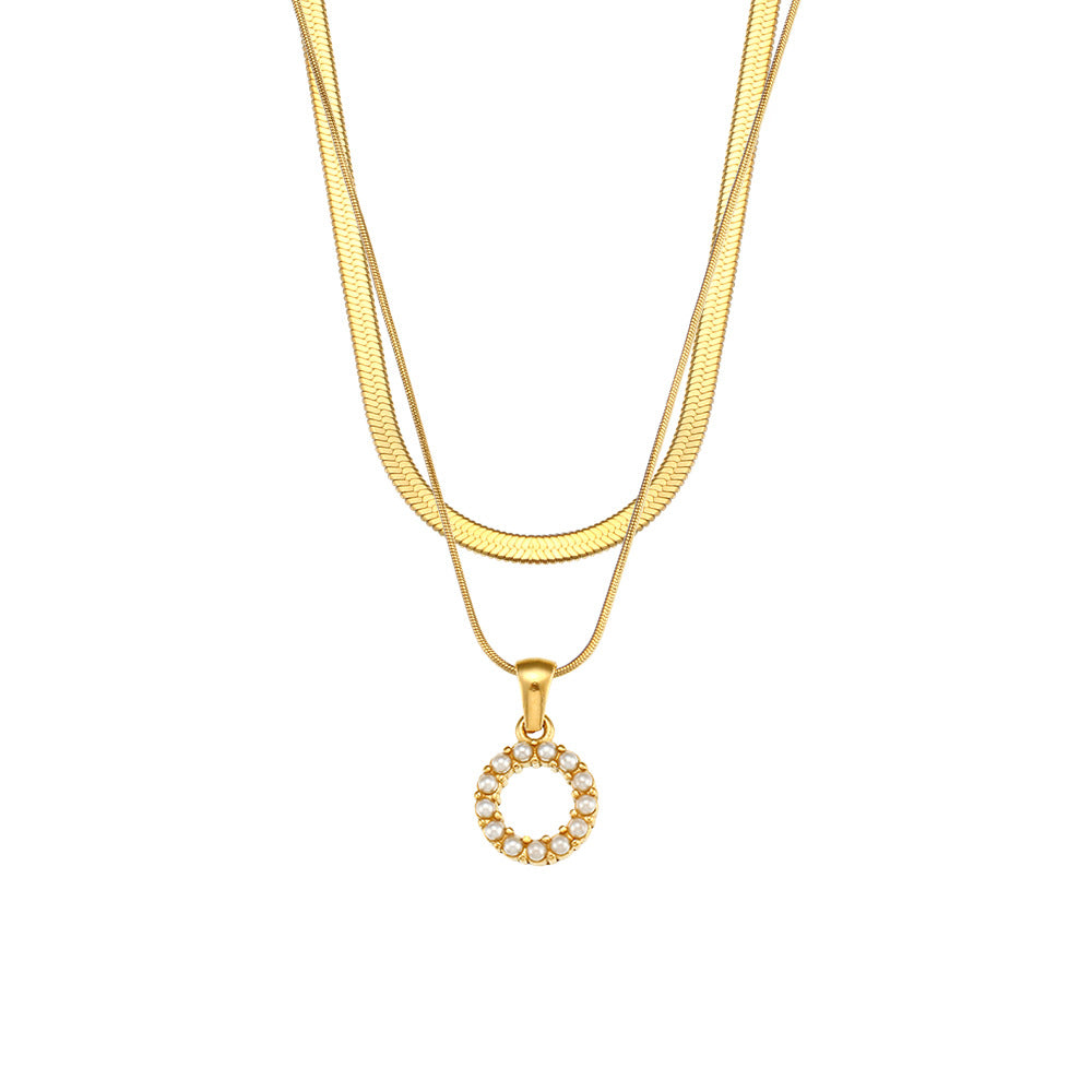 Imitation pearl letter O pendant on layered stainless steel chains