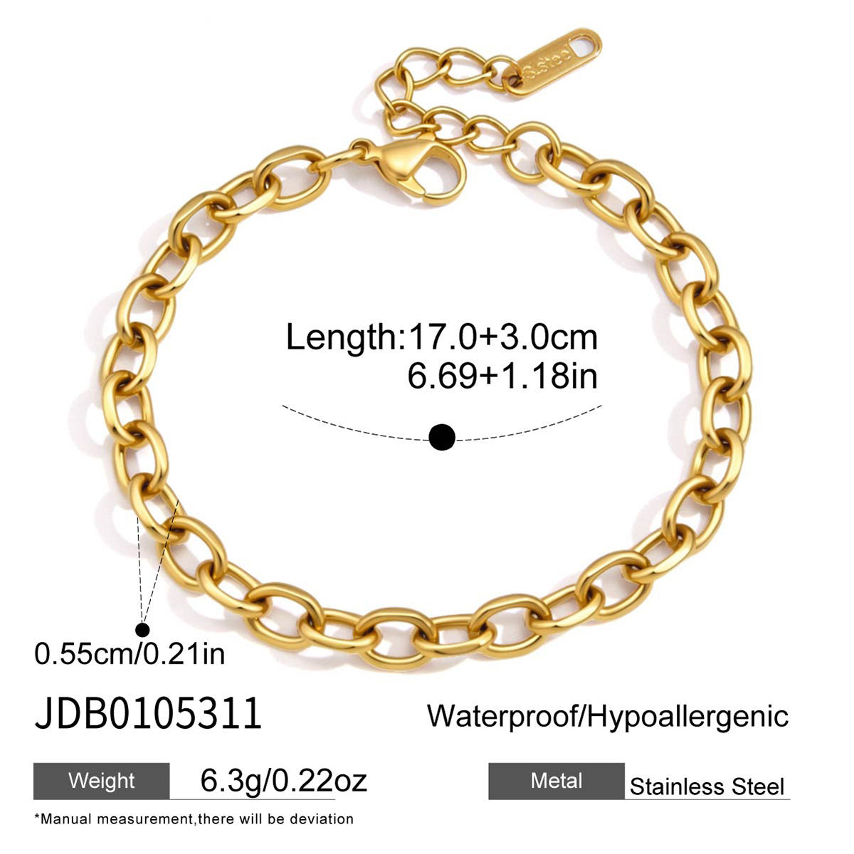Rounded oval-link bracelet measurement chart