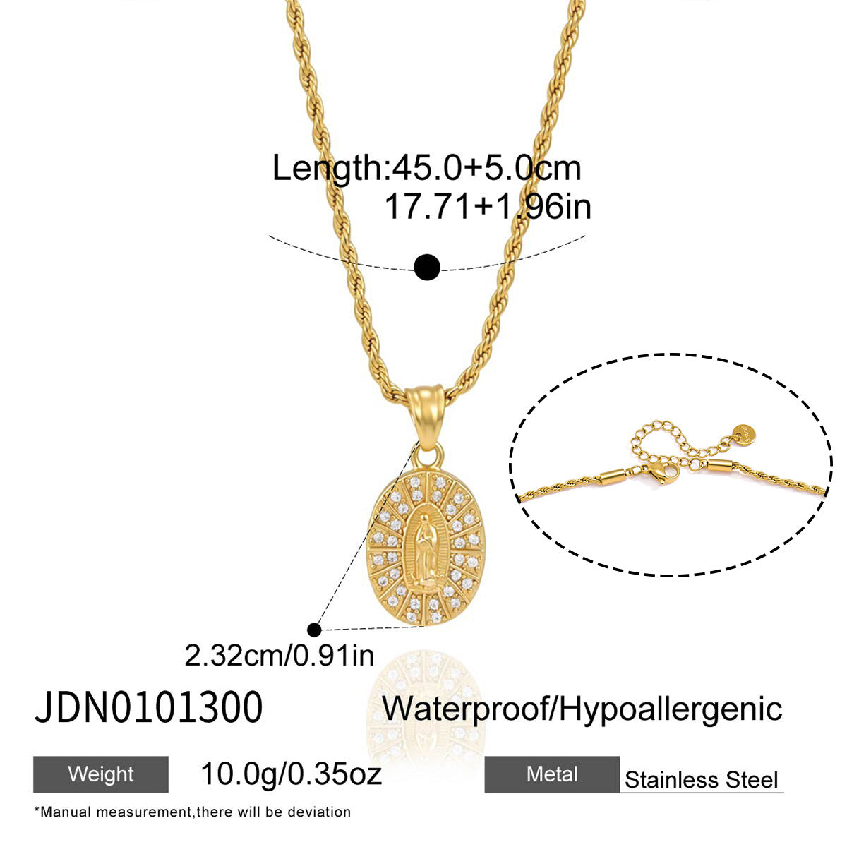 Oval portrait necklace with chain length and clasp diagram