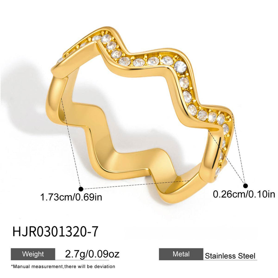 Gold tone zigzag ring with clear stone measurement diagram