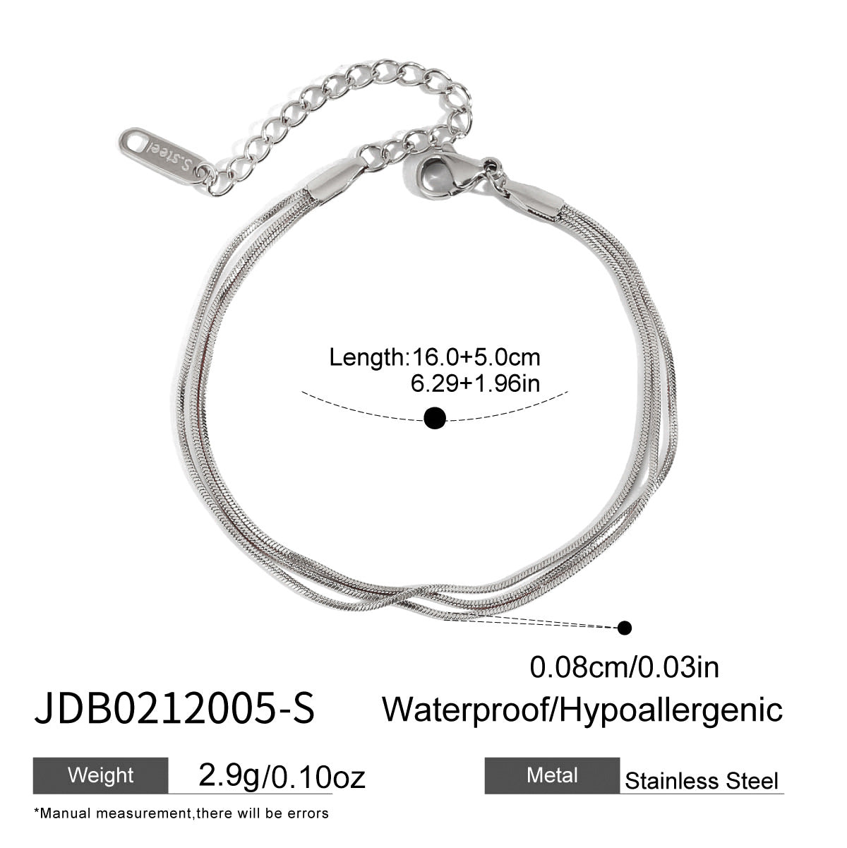 Steel color layered bracelet measurement chart
