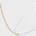 gold plated paperclip chain and white pearl-style bead necklace