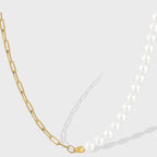 gold plated paperclip chain and white pearl-style bead necklace