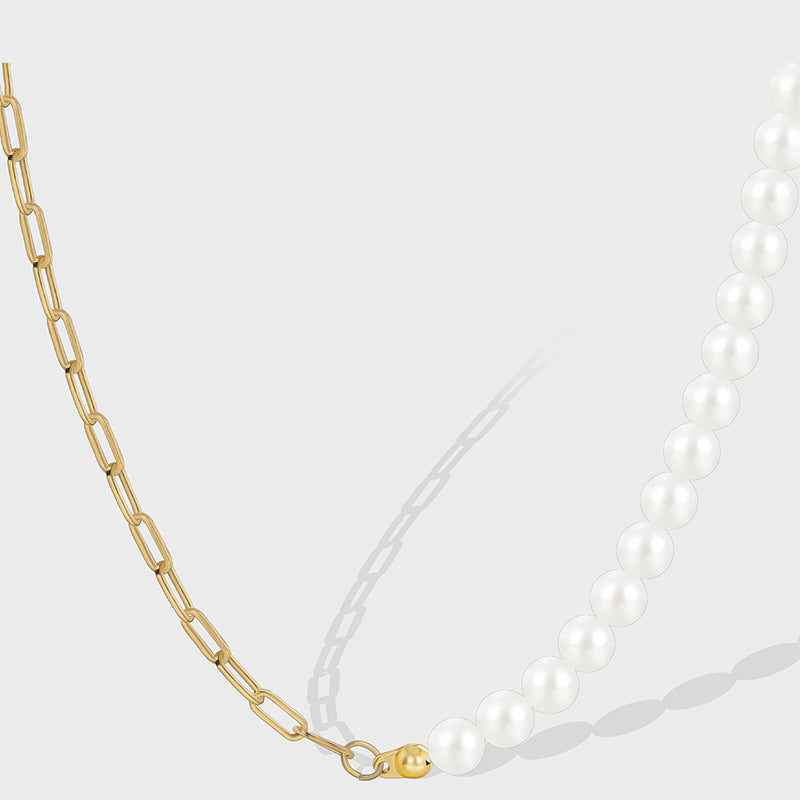 gold plated paperclip chain and white pearl-style bead necklace