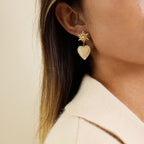 Side view of heart drop earrings with white teardrop bead
