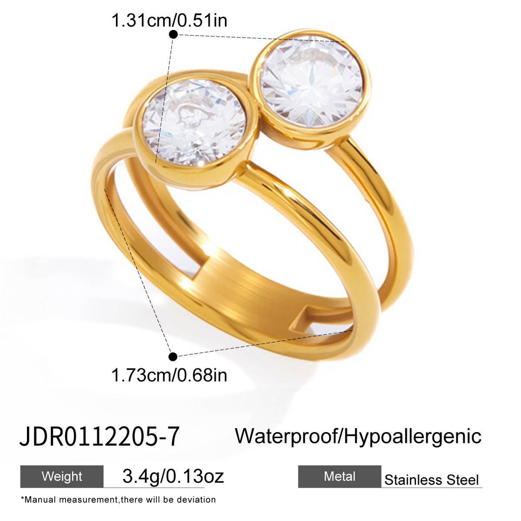 Split-band ring with two round stones and dimensions