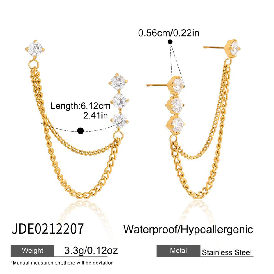 Clear accent stud earrings with two draped gold-tone chains