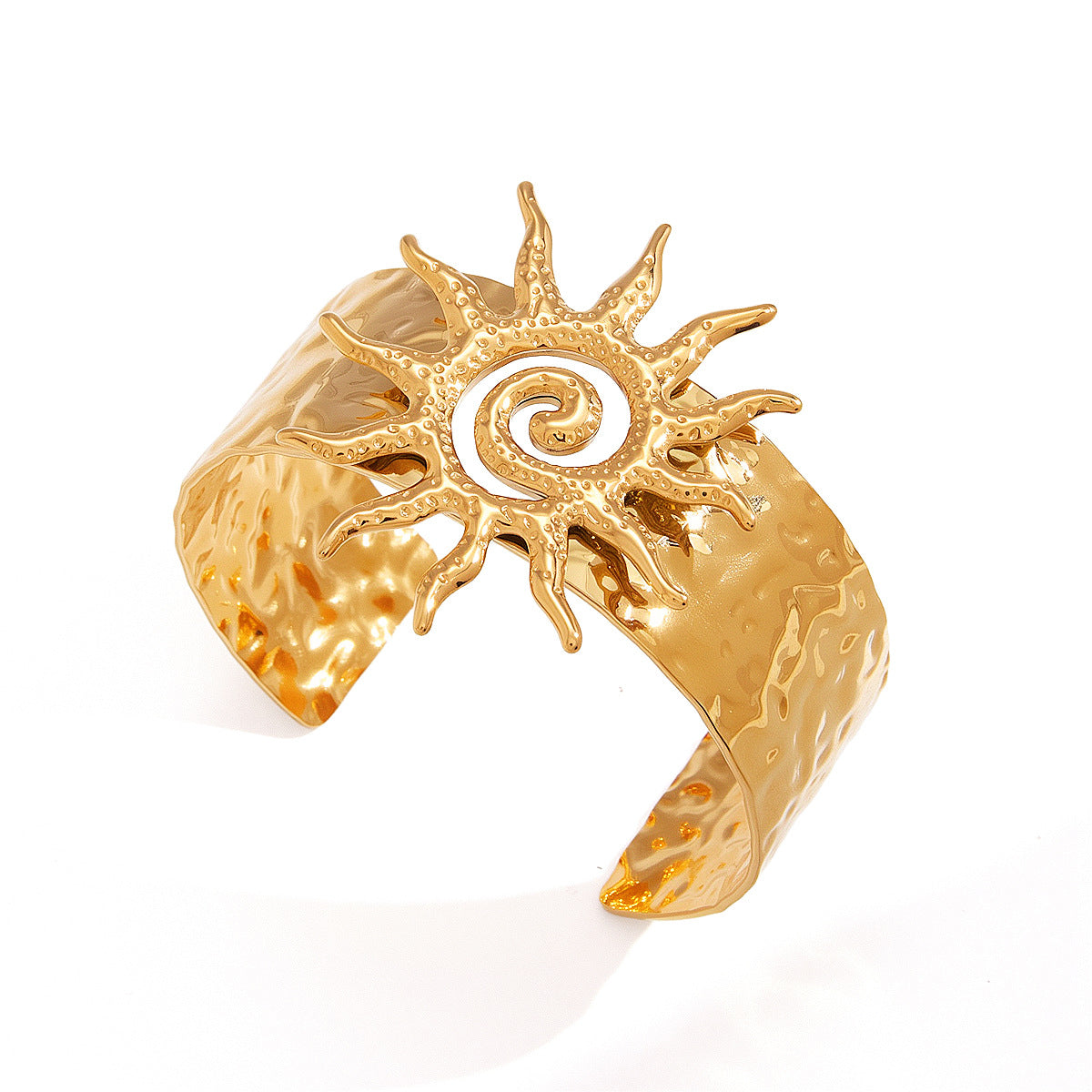 angled product view of raised spiral sun wide cuff bracelet
