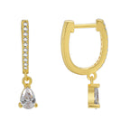 front and side view of gold plated clear stone drop earrings
