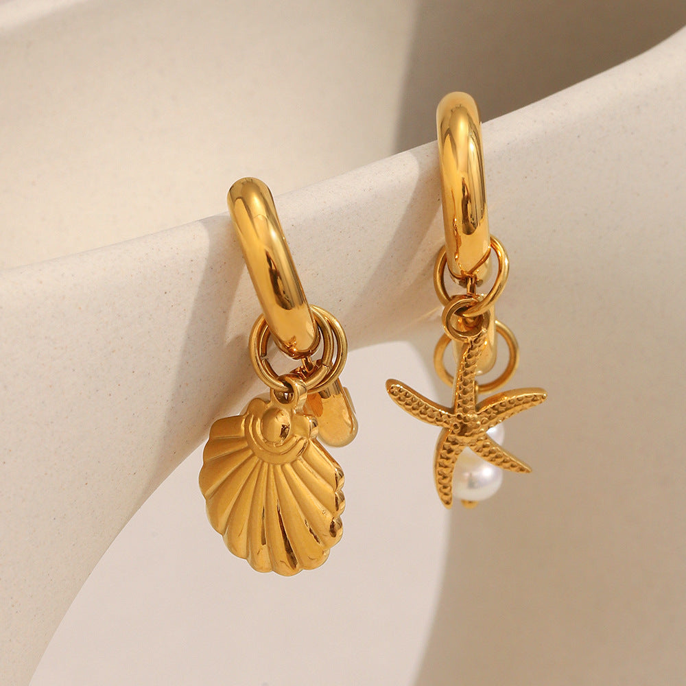 Gold Plated Stainless Steel Starfish and Shell Drop Earrings — shell drop close-up