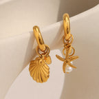 Gold Plated Stainless Steel Starfish and Shell Drop Earrings — shell drop close-up