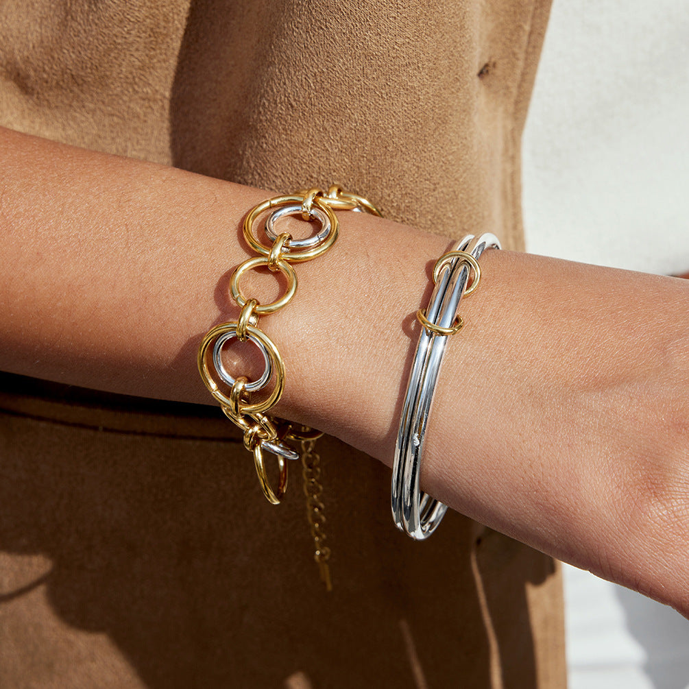 Two-Tone Circular Link Stainless Steel Bracelet shown on model