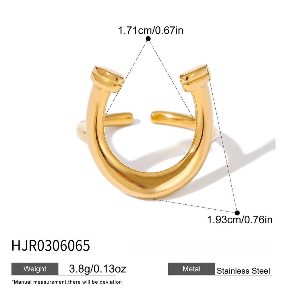 Rear view of horseshoe stainless steel open ring with dimensions and weight