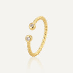gold plated brass twisted open ring with two clear zirconia ends