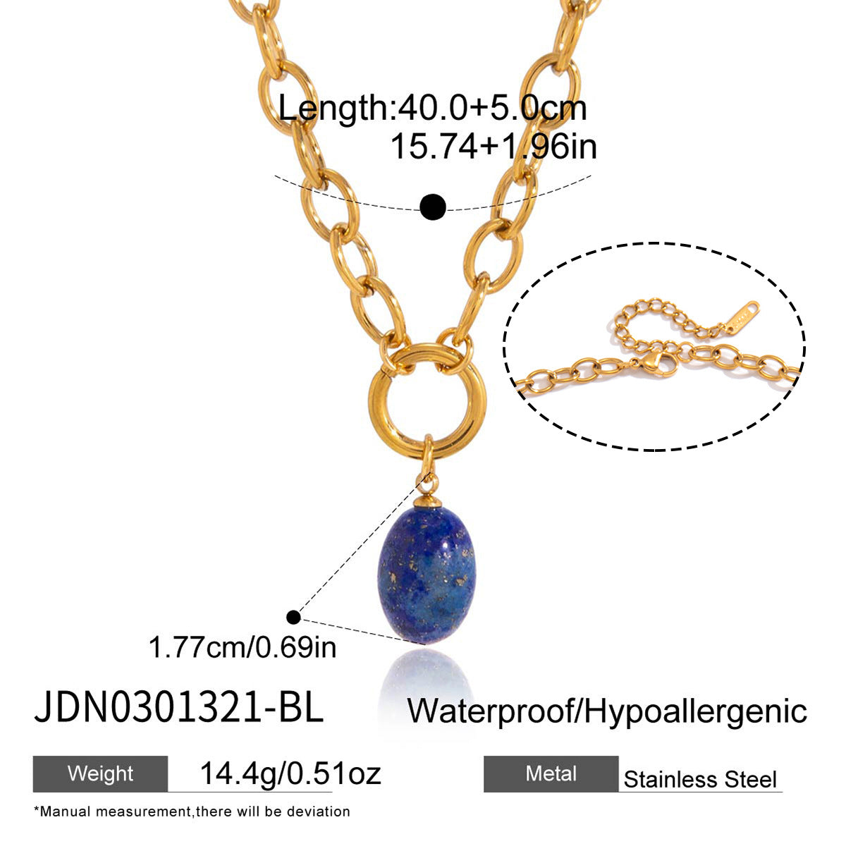 Blue oval accent necklace measurements
