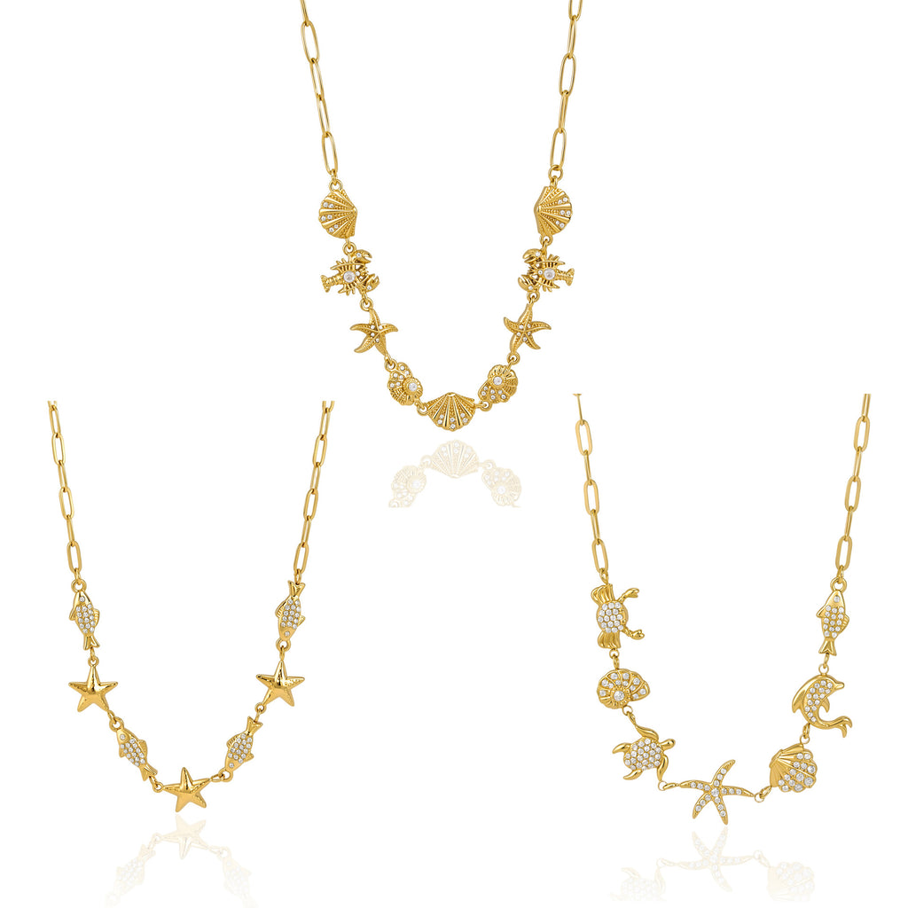 Separate shell sea-creature and fish necklace designs